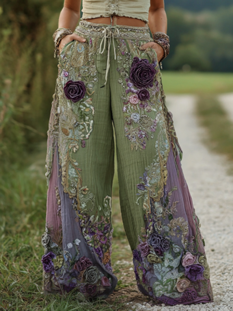 Classy Purple Lavender And Floral Embroidered Art Linen Pants
