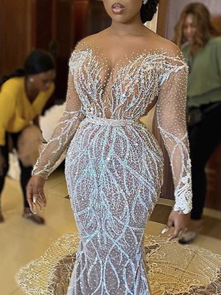 Sexy V-Neck See-Through Jacquard Empire Wrap Wedding Maxi Dress