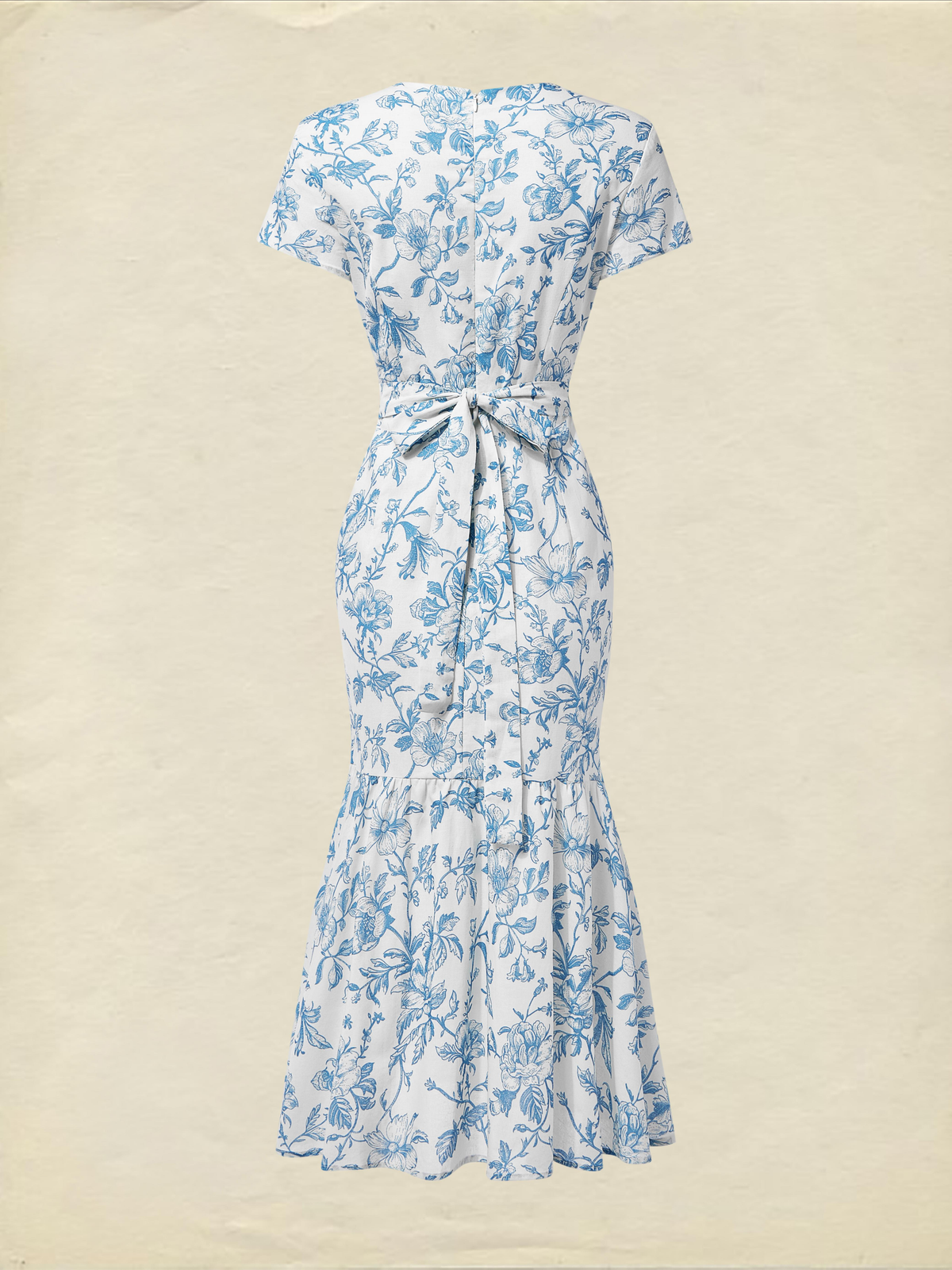 Midi Linen Dress, Short Sleeves, Sweetheart Neck, Floral, Ruffles, Vintage, Blue