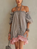 24-Hour-Shipping Gray Chiffon Off Shoulder Mini Dress With Pink Hem