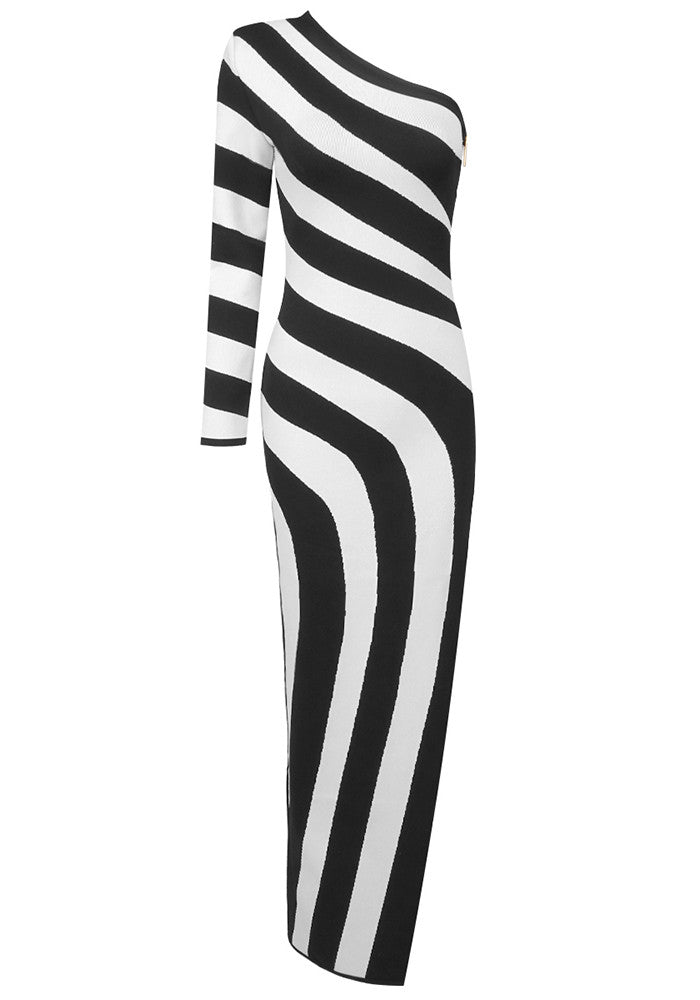One Sleeve Striped Maxi Dress Black White