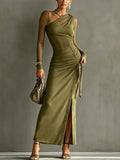 Olive One-Shoulder Ruched Maxi Dress