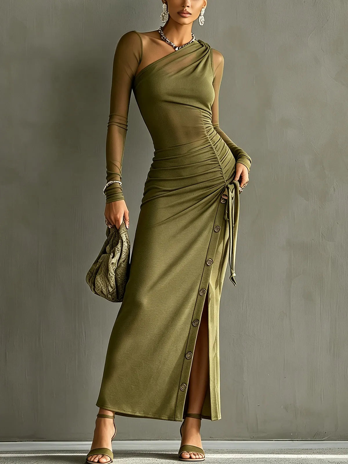 Olive One-Shoulder Ruched Maxi Dress