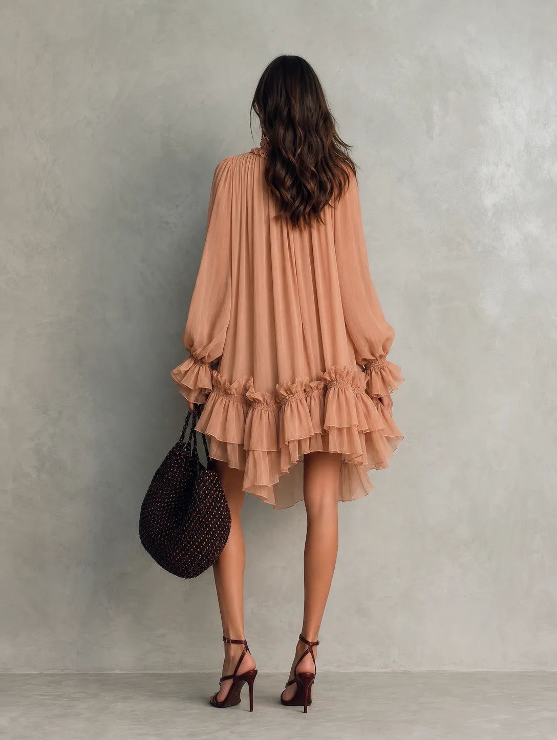 Women's Casual Apricot Chiffon Long-sleeve Mini Dress With A Round Neck MDZ1725G2LXY