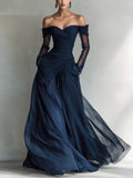 Women's Elegant Dark Blue Chiffon Organza Off-shoulder Long-sleeved Fitted Maxi Dress MDA1711L9AN