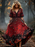 Vintage Halloween Spider And Rose Rhinestone V-neck Short Sleeve A-line Dress