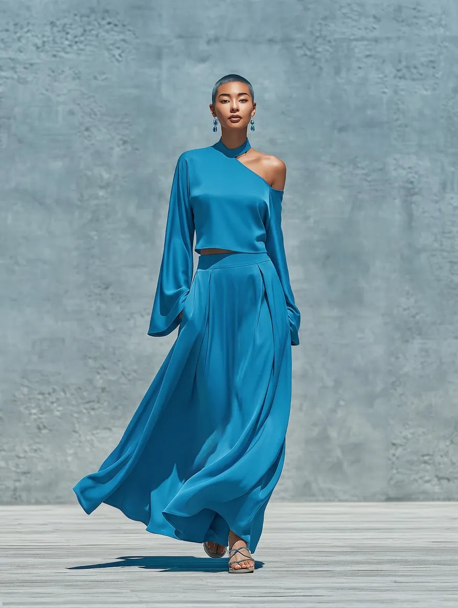 Women’s Blue Satin One Shoulder Halter Bell Sleeve Cropped Top & High Waist Pleated Flowy Maxi Skirt Two Piece Matching Set MDZ0207G7T