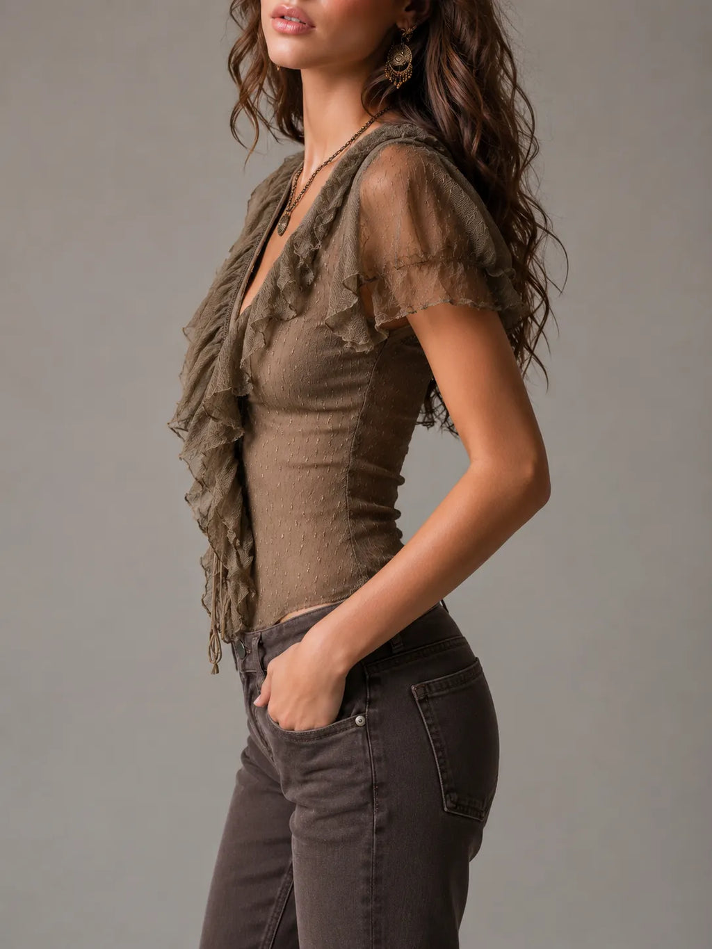 Muted Brown Lace Ruffled V-Neck Top