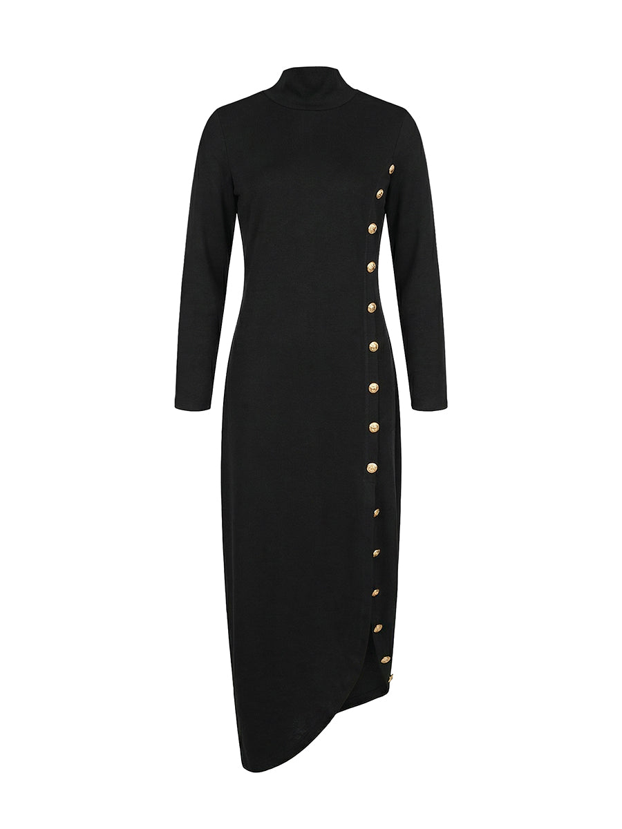 Long Sleeves Loose Asymmetric Buttoned Split-Joint Split-Side Mock Neck Maxi Dresses