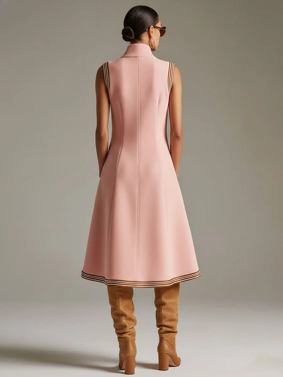 Sporty Retro Striped Ribbed Pink Cotton Blend Sleeveless Midi Dress