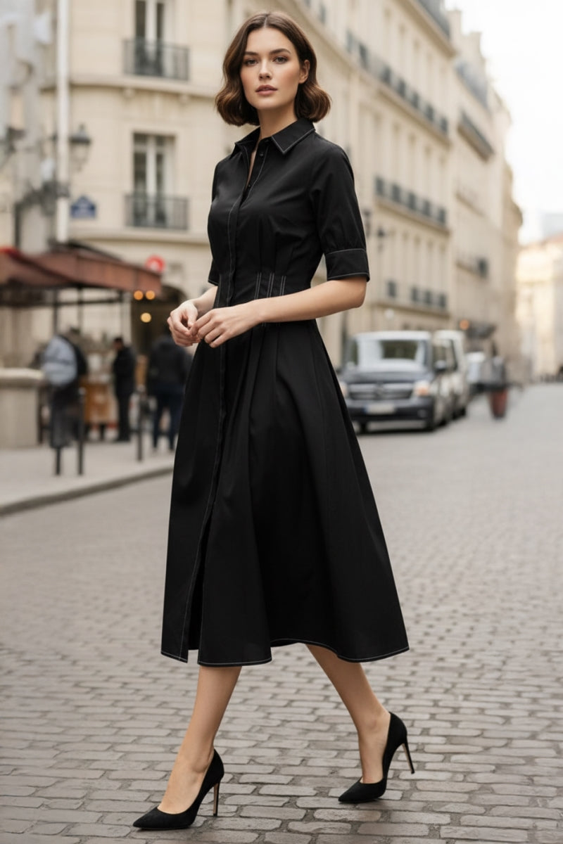 Contrast Stitch Pleated Midi Shirt Dress