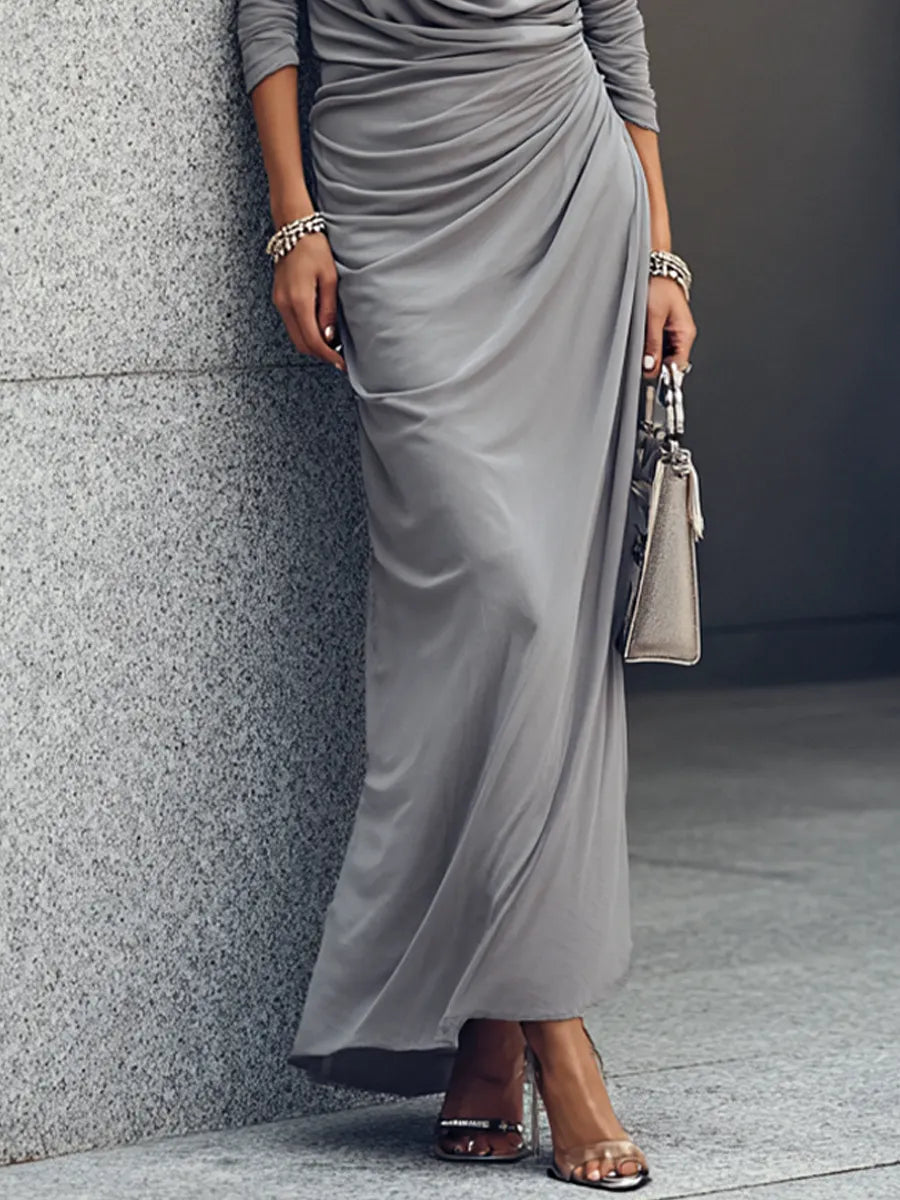Women's Luxury Workwear Style Mist Grey Cotton Blend Cowl Neck Long Sleeve Side Ruched Maxi Dress MDZ0627G1GMJ