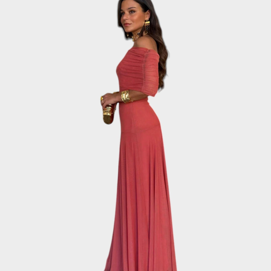 Sheer Flow Off-Shoulder Maxi Dress