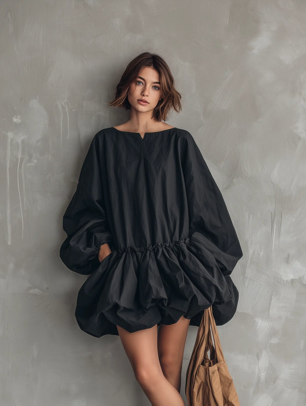 Women's Casual Black Long-sleeve Mini Dress With A Round Neck And Tulip Skirt MDZ0922G5LXY