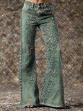 Women's Vintage Ethnic Green Totem Art Prints Casual  Flare Pants