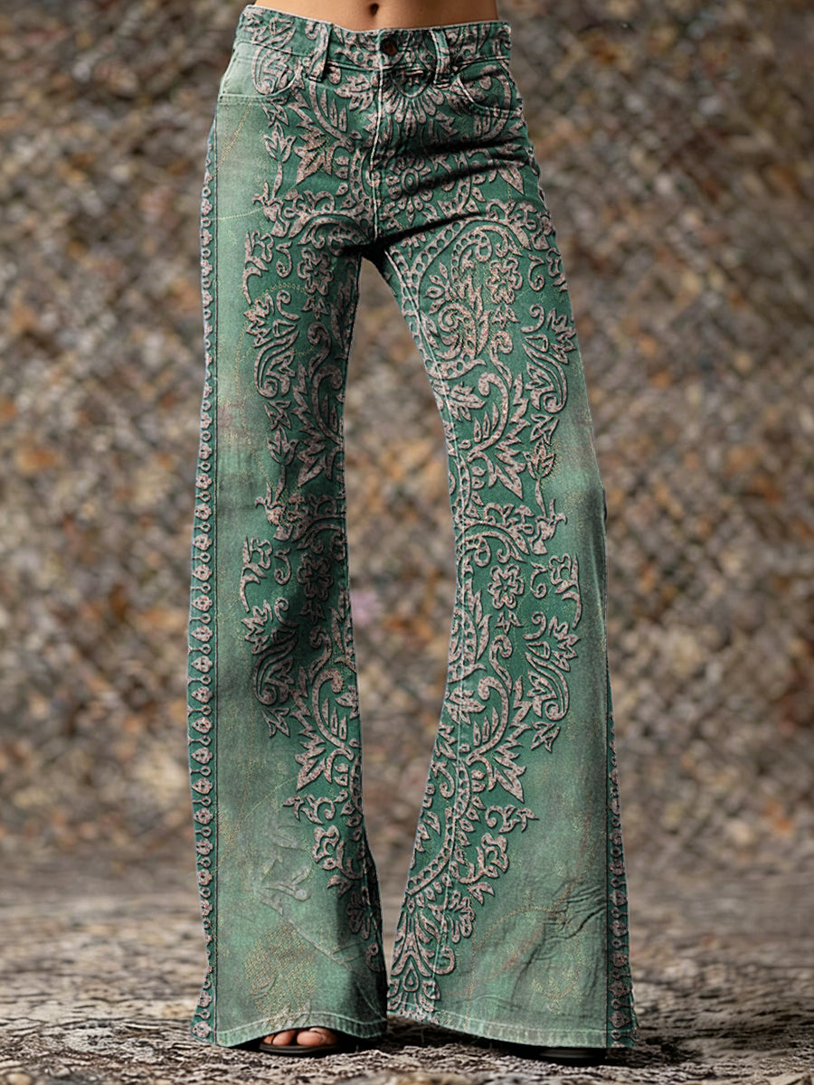 Women's Vintage Ethnic Green Totem Art Prints Casual  Flare Pants