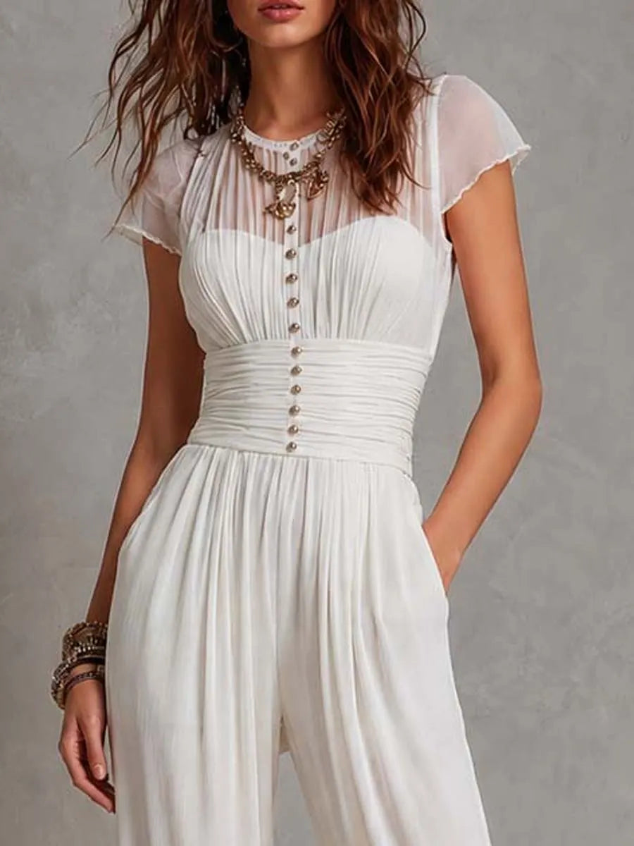 White Knit Chiffon-Paneled Sleeves Jumpsuit With Cinched Waist