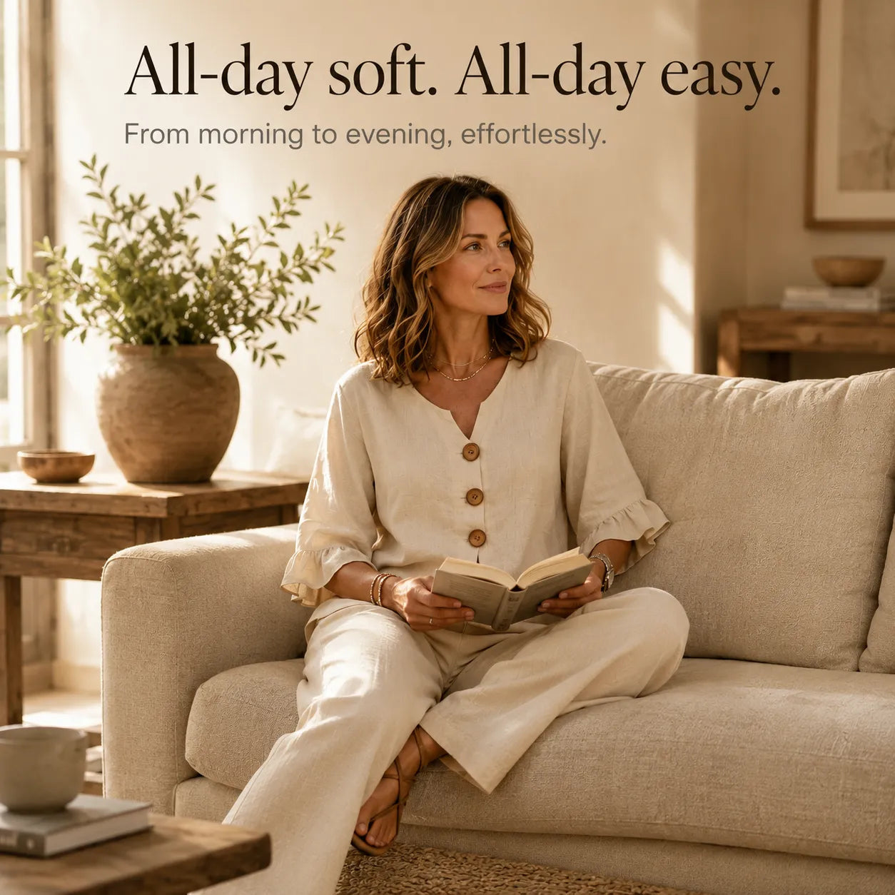 Lunavia – Linen-Look Two-Piece Set with Ruffle Sleeves and Wide-Leg Pants
