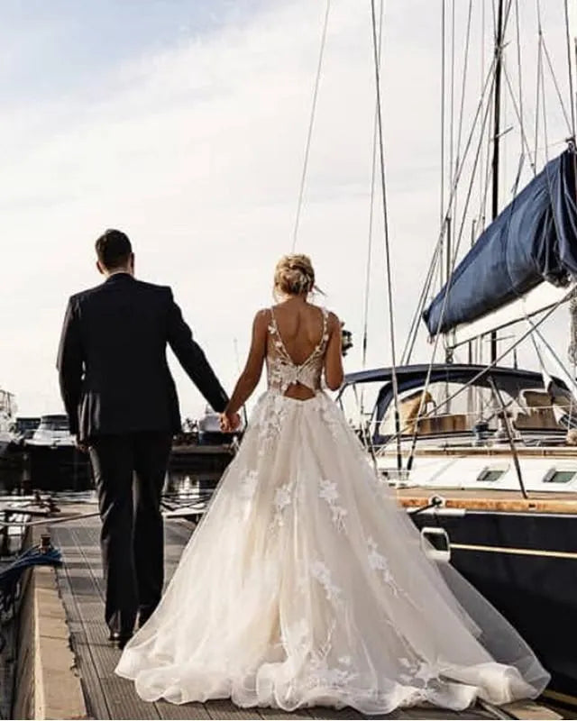 Tulle Backless Wedding Dress Lace Embroidery