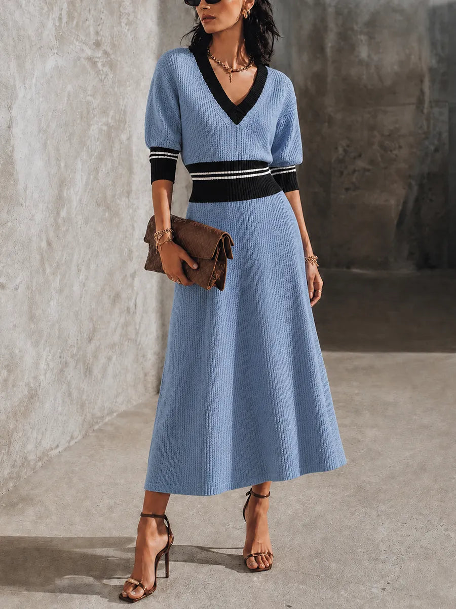 Women's Retro Elegant Powder Blue Knit Contrast Trim V-Neck Maxi Dress MDZ2106G8GMJ