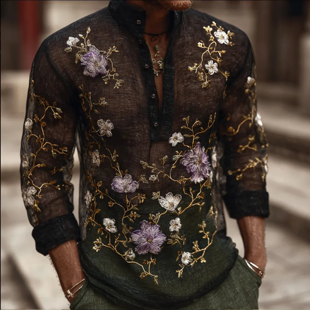 Men's Purple Embroidered Flower Casual Long-sleeved Shirt