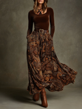 Vintage Stretch Velvet Top and Paisley Print Maxi Skirt Set(with belt)