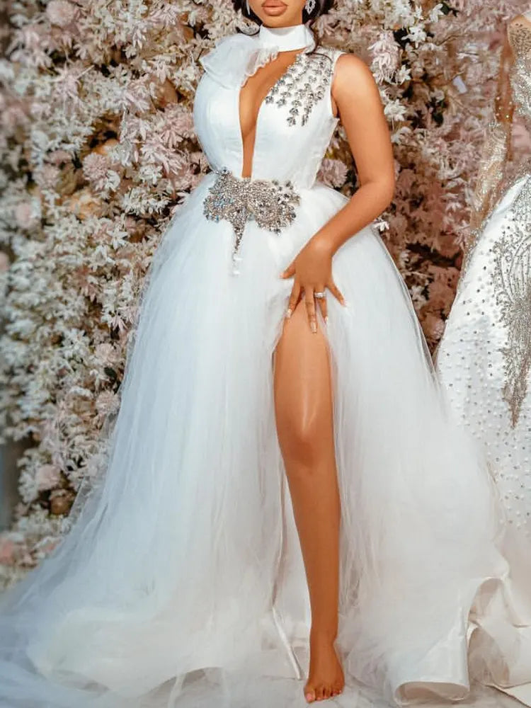 Beaded Embellished Hollow A-Line Split-Side White Wedding Maxi Dress