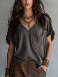 Urban Boho Washed V-Neck Frayed Edge Top