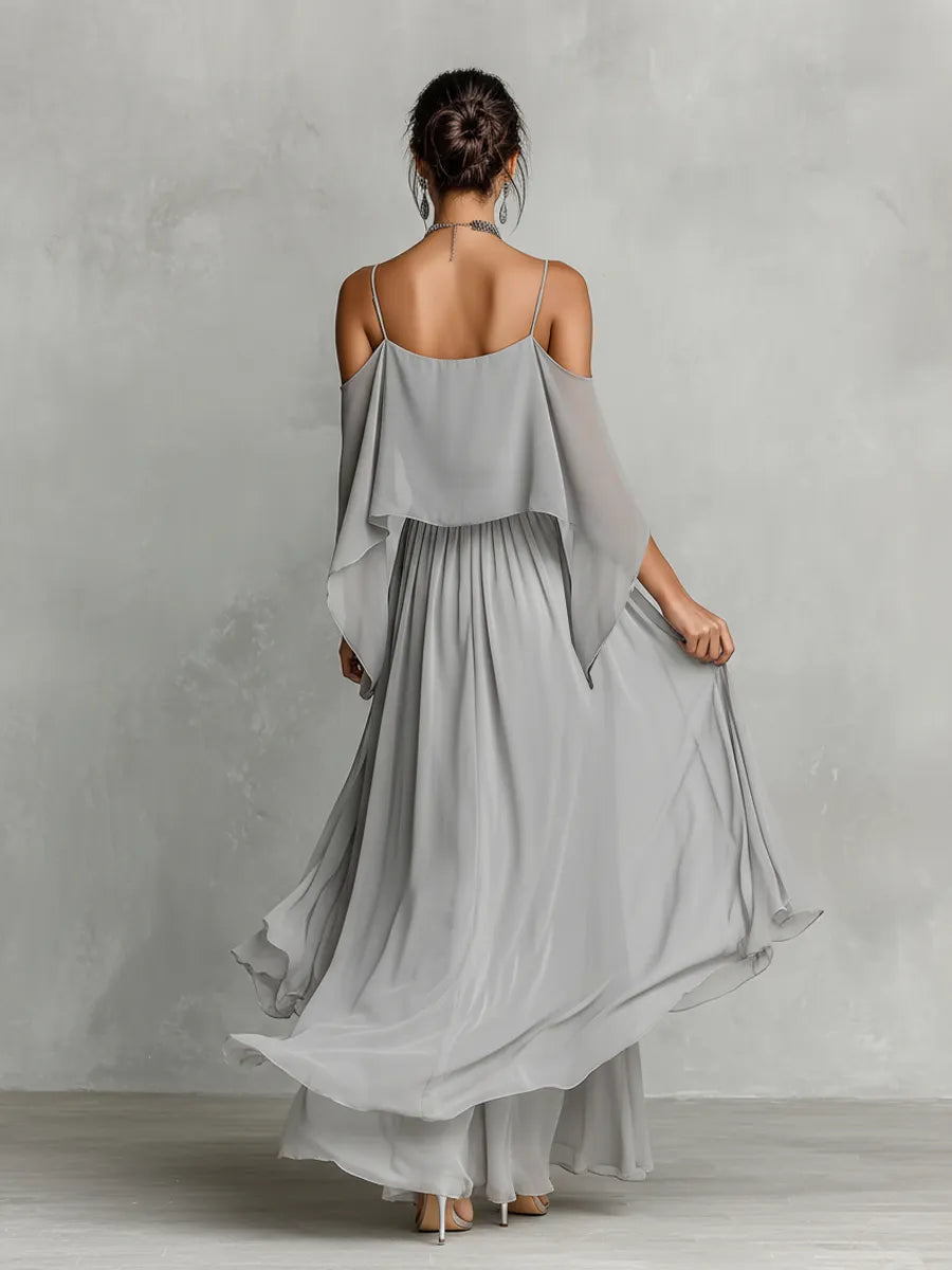 Women's Grey Breathable Chiffon Set With Cold-Shoulder Detail & Flared Silhouette, Contemporary Luxury-Feminine Style Set MDZ2651B6I