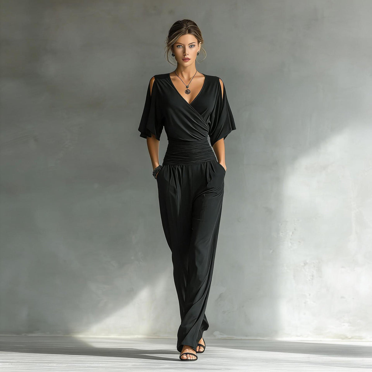 French Chic Wrap V-Neck Jumpsuit - Elegant Ruched Waist Wide-Leg Romper with Shoulder Cut-outs