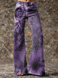 Women's Vintage Purple Floral Hippie Art Prints Casual  Flared Pants