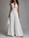 Retro Stand-Collar Tencel Wide-Leg Jumpsuit With Lace Trim