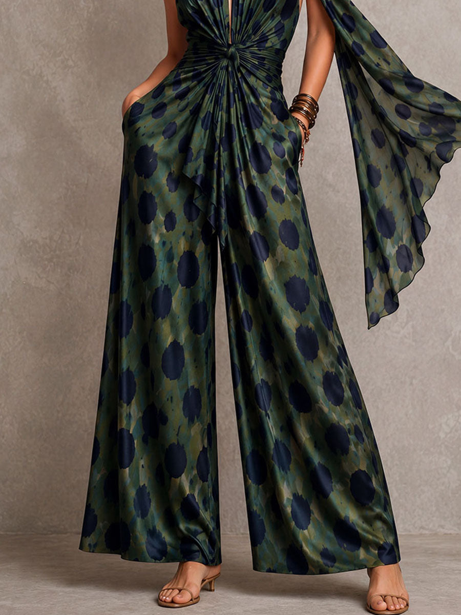 Boho Chic Olive And Navy Polka Halter Neck Scarf  Satin Jumpsuit