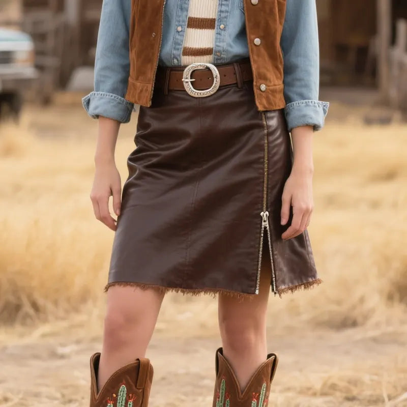Women's Western Style Leather Skirt With Raw Hem And Zipper