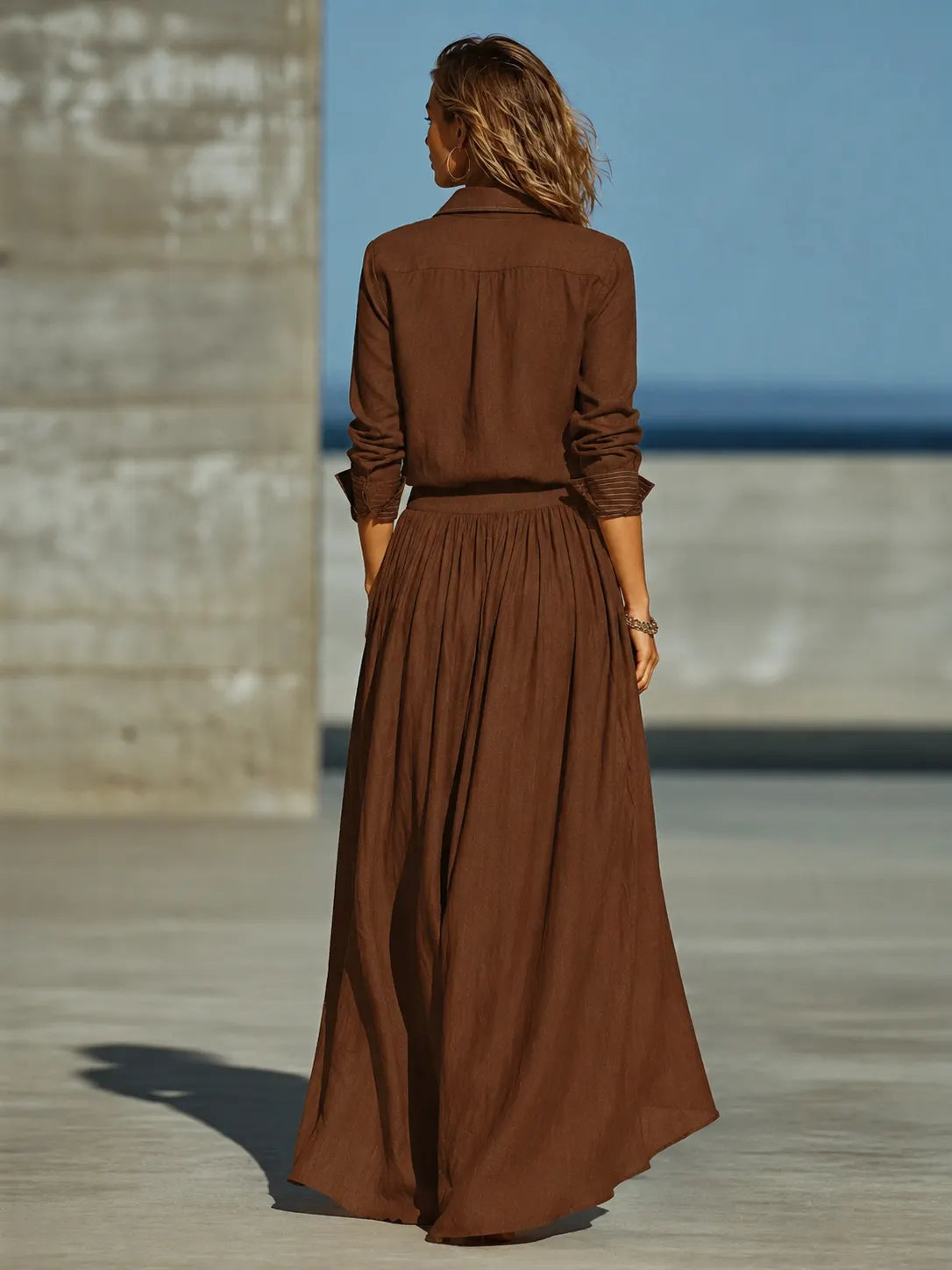 Women's Chocolate Linen Blend Two Piece Matching Set With Contrast Stitch Henley Collar Shirt & High Waist Pleated Maxi Skirt, Casual Resort Flowy Co-Ord Outfit MDZ2094G8LYL