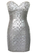 Strapless Crystal Bustier Woodgrain Foil Print Dress Silver