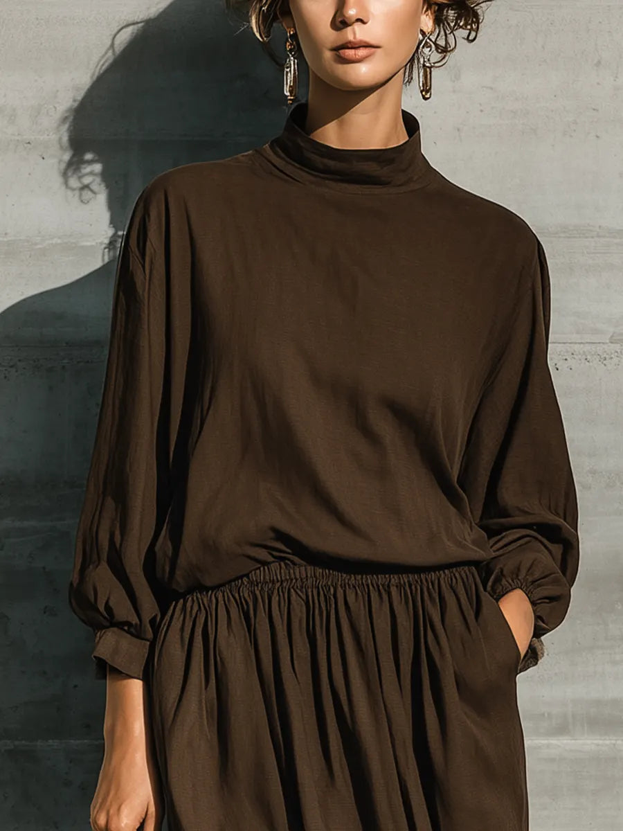 Women's Dark Brown Cotton Blend Mock Neck Balloon Sleeve Top Ruffle Tiered Drawstring Waist Midi Skirt Two Piece Set MDZ1537G8YZJ