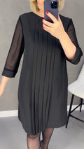 Black Pleated Sheer Sleeve Shift Dress