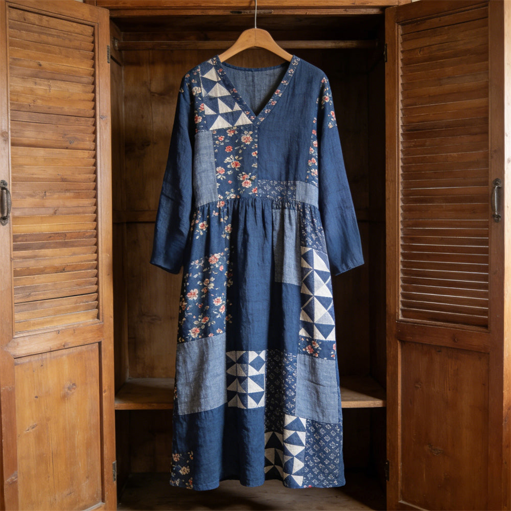 Japanese Floral Geometric Patchwork Women's Linen V-neck Maxi Dress