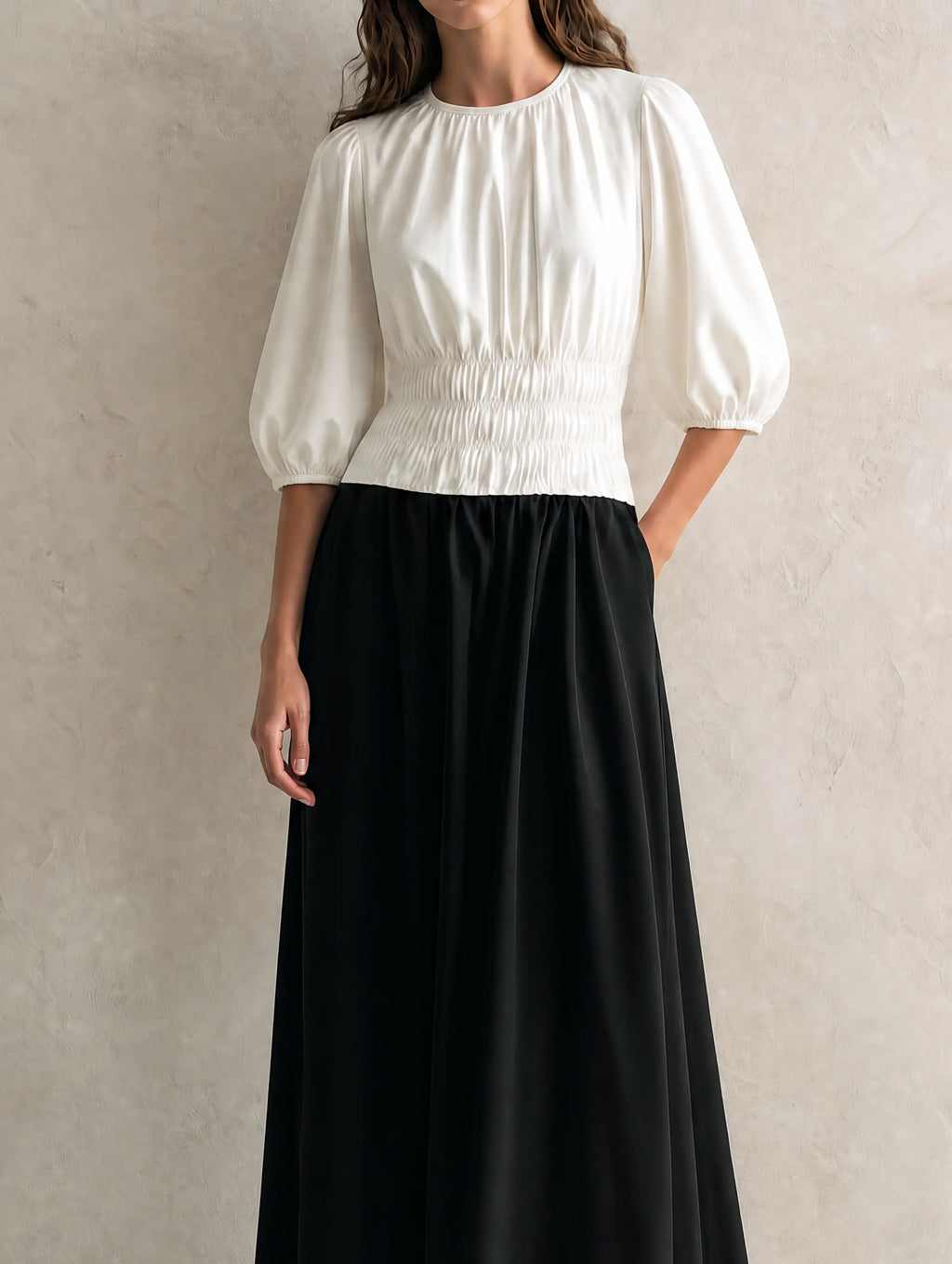 Women's Casual Black And White Woven Maxi Dress With A Round Neck And Mid-length Sleeves MDZ0231G6LXY