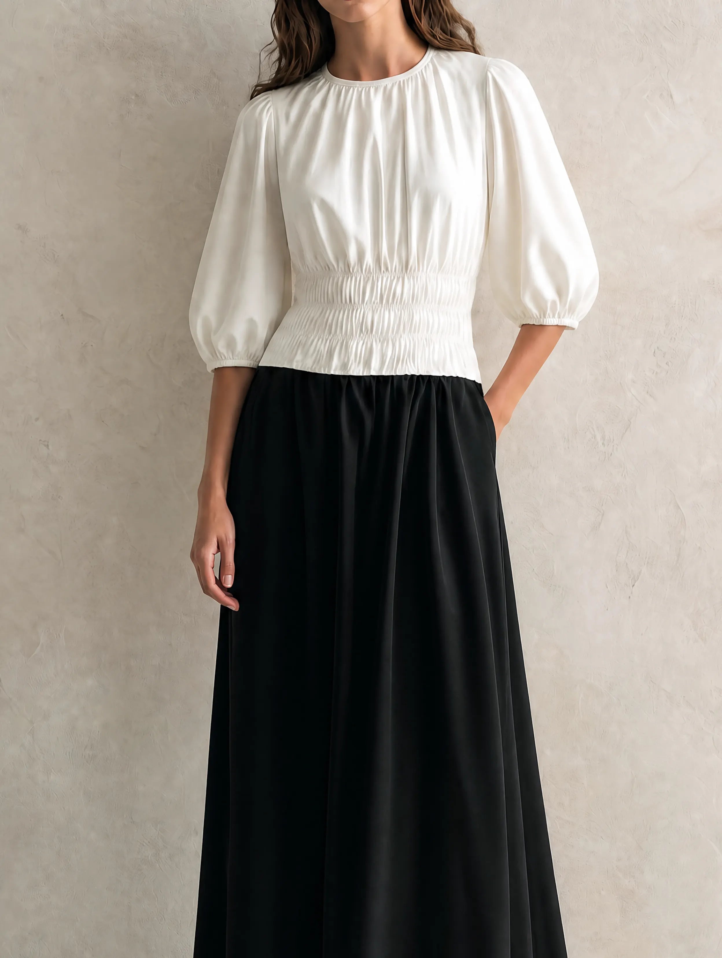 Women's Casual Black And White Woven Maxi Dress With A Round Neck And Mid-length Sleeves MDZ0231G6LXY
