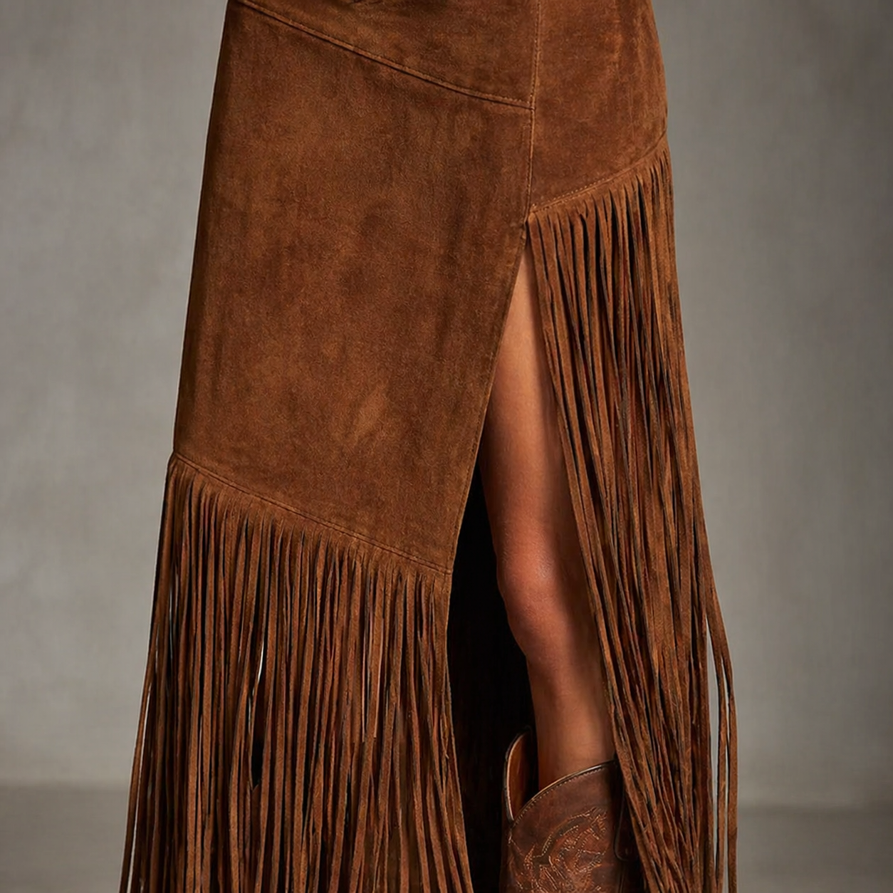 Western Faux Suede Fringe Maxi Skirt with Denim Yoke