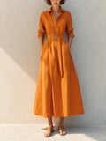 Women's Resort-Style Orange Collared Long-Sleeve Belted Cinched-Waist Linen Shirt Midi Dress MDZ1443G2CMX