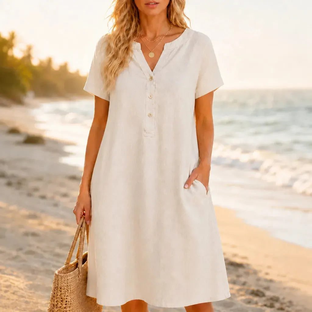 Solivia – Women's V-Neck Midi Dress with Pockets