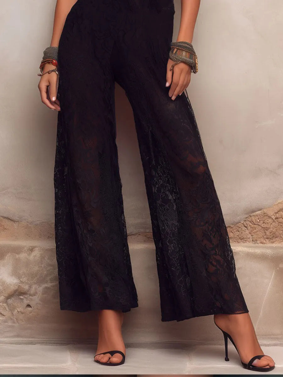Boho Chic Midnight Black High-Neck Lace Halter Jumpsuit