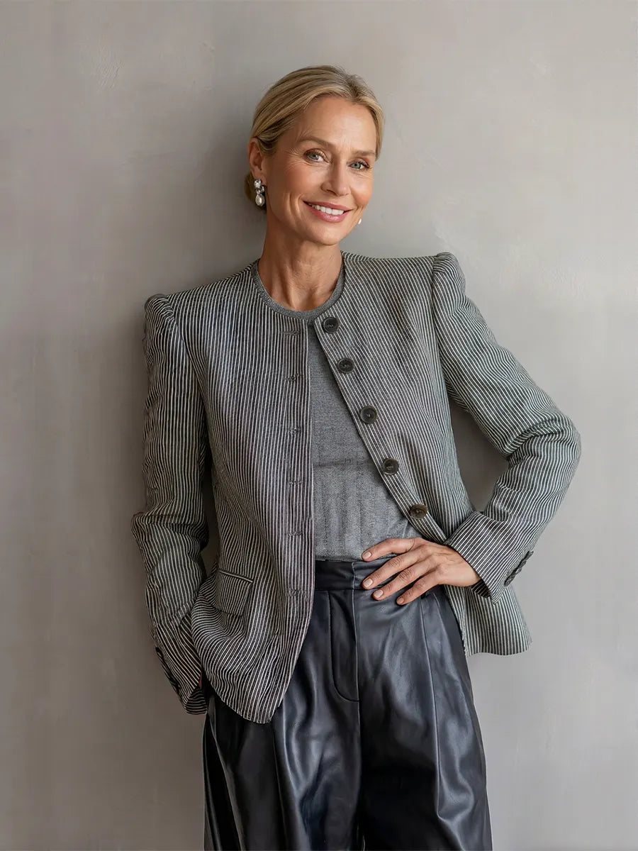 Women's Grey White Striped Woven Blazer With Standless Crew Neck & Cuff Button Accents, Minimalist Vintage Office Long Sleeve Jacket MDZ1552G7LYL