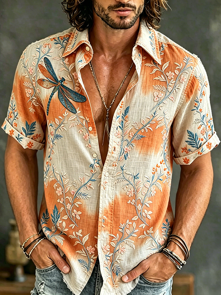 Men's Spring Floral And Dragonfly Embroidered Art Print Flowy Linen Blend Short Sleeve Shirt