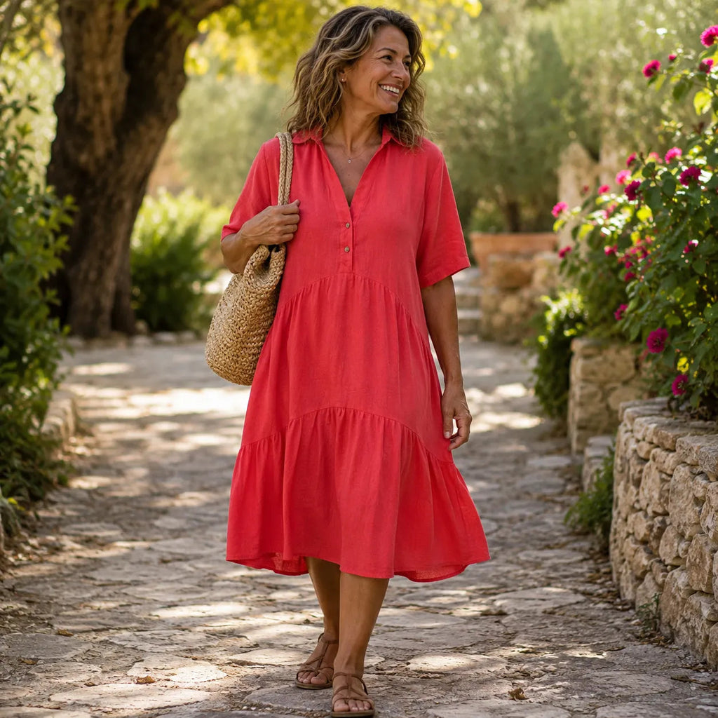 Marelle – Tiered V-Neck Linen-Look Mini Dress with Collar