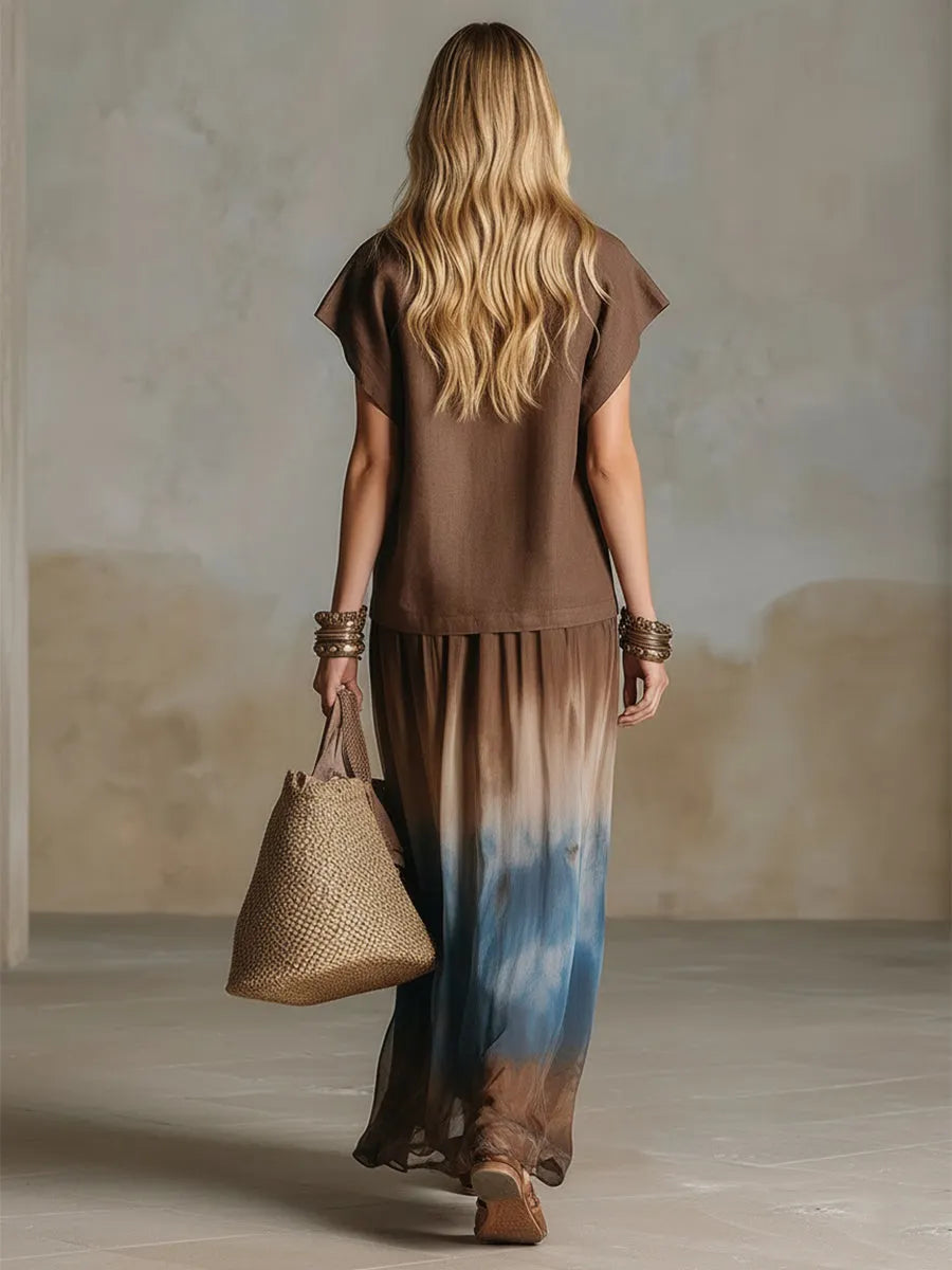 Retro Ethnic Bohemian Brown Cotton-Linen T-Shirt & Gradient-Print Chiffon Midi Skirt Set