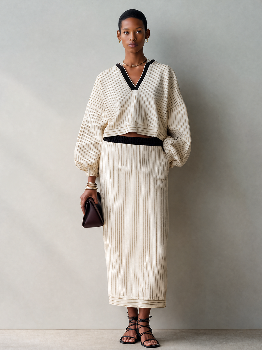 Women's Cream Vertical Stripe Knit V-Neck Crop Top & Midi Skirt Set MDZ2029G4ZRK
